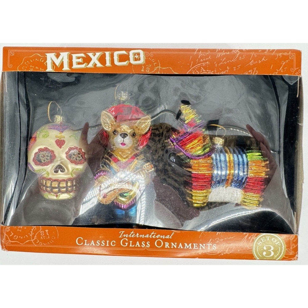 Mexican Glass Ornaments Set Day of Dead Skull Mariachi Dog Donkey Box